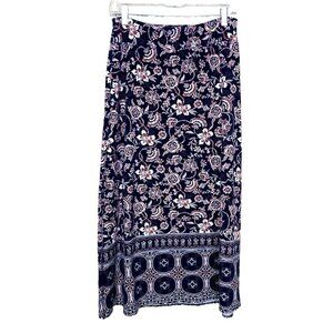 Talbots Womens XS Skirt Pull On Knit Maxi Floral Paisley Navy Boho Cottagecore